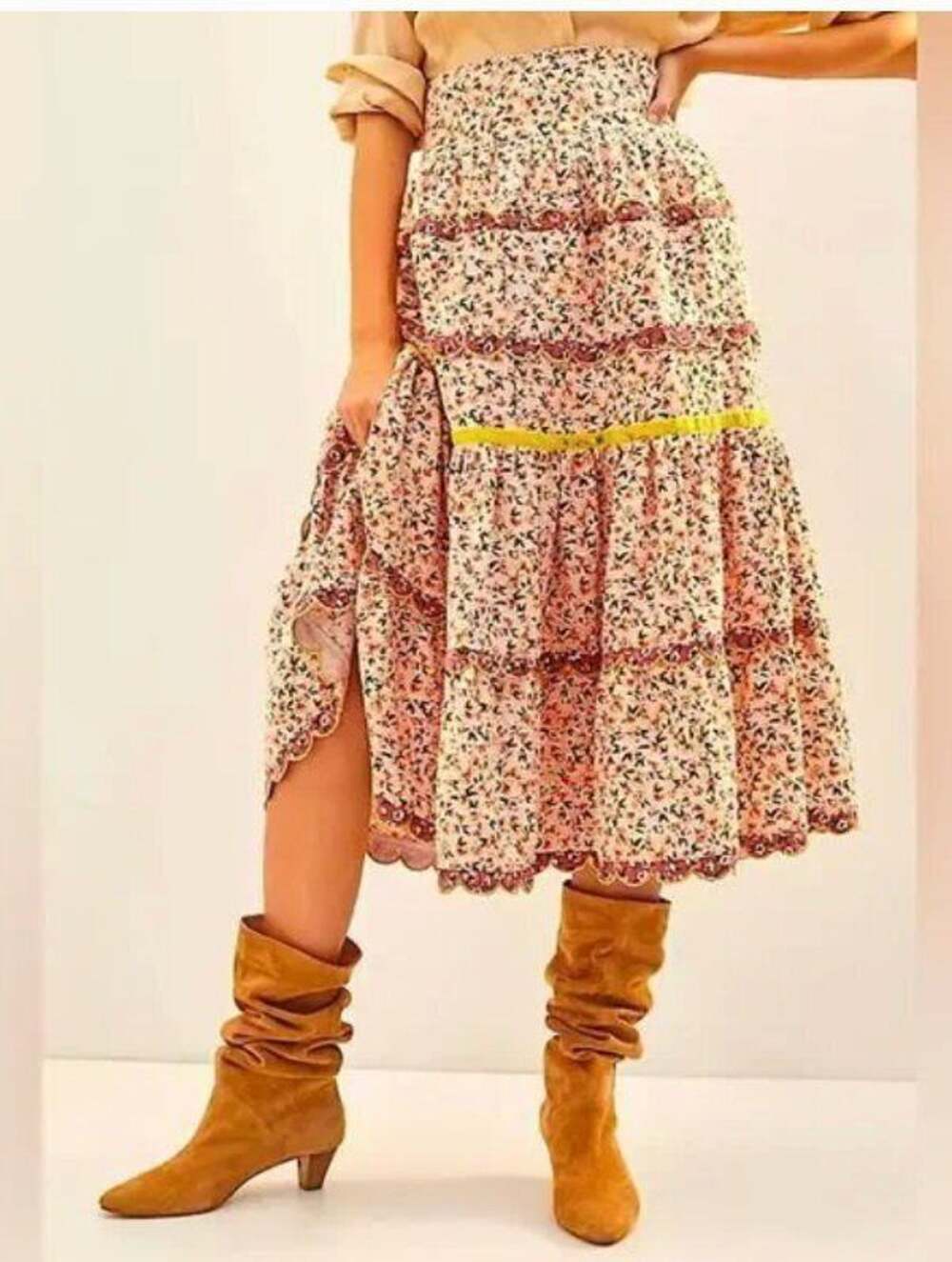 CELIA B CeliaB Sz S Small Tiered Corduroy Floral Midi Skirt